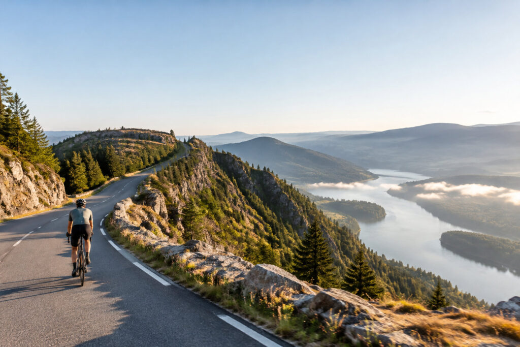 Un cycliste roule sur une route sinueuse en montagne surplombant un lac matinal sous un ciel dégagé.