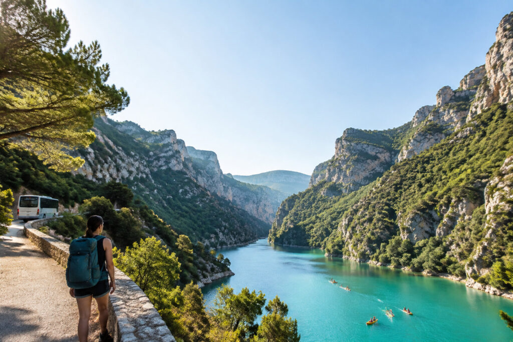Une randonneuse avec un sac à dos regarde les Gorges du Verdon alors qu'un bus circule sur la route panoramique.