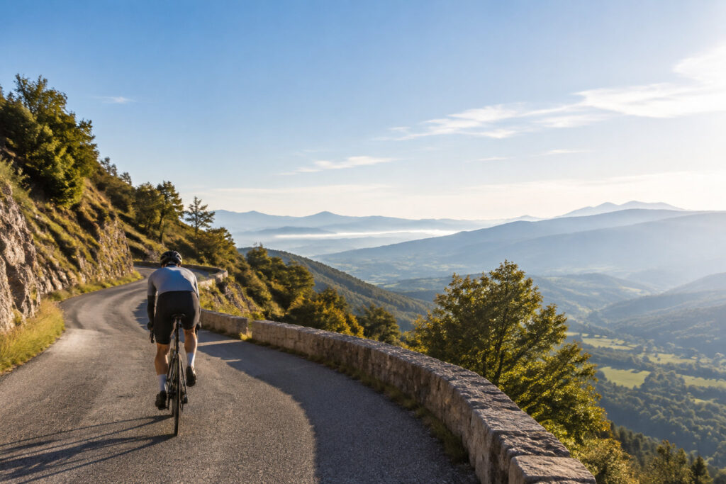 Un cycliste roule sur une route de montagne sinueuse avec une vue panoramique sur une vallée brumeuse au lever du soleil.