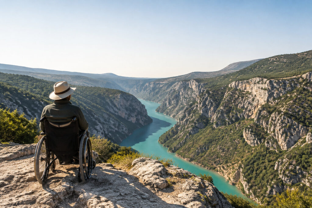 Une personne en fauteuil roulant admirant la vue panoramique sur les Gorges du Verdon ensoleillées.