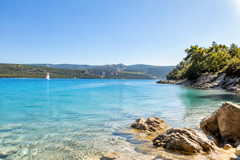 Vue panoramique du lac de Sainte-Croix avec ses eaux turquoise, ses rives rocheuses et un voilier au loin sous un ciel bleu.