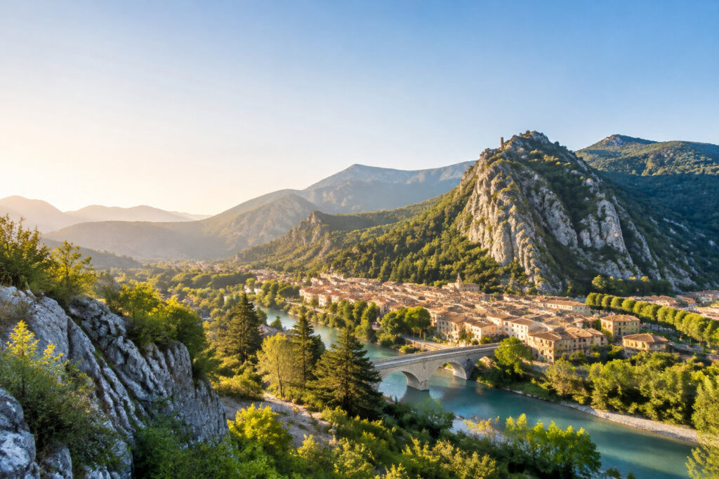 Vue plongeante sur le village de Castellane, son pont et le Verdon sous une lumière dorée de fin de journée.