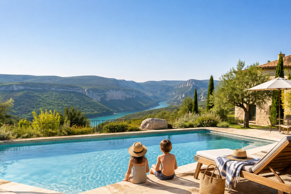 Deux enfants assis au bord d'une piscine avec vue panoramique sur les Gorges du Verdon et les montagnes en arrière-plan.