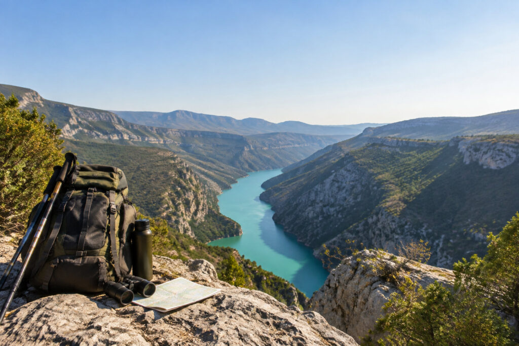 Sac à dos, bâtons, carte et gourde posés sur une roche surplombant les Gorges du Verdon.
