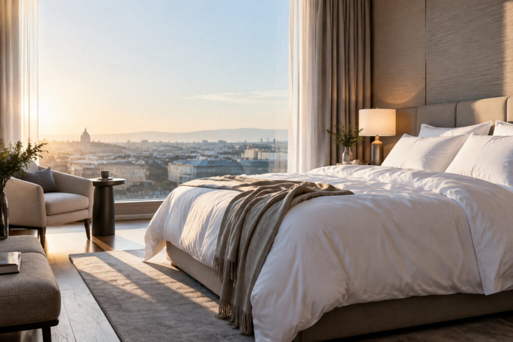 Chambre d'hôtel élégante avec un lit confortable face à une grande baie vitrée offrant une vue imprenable sur la ville.