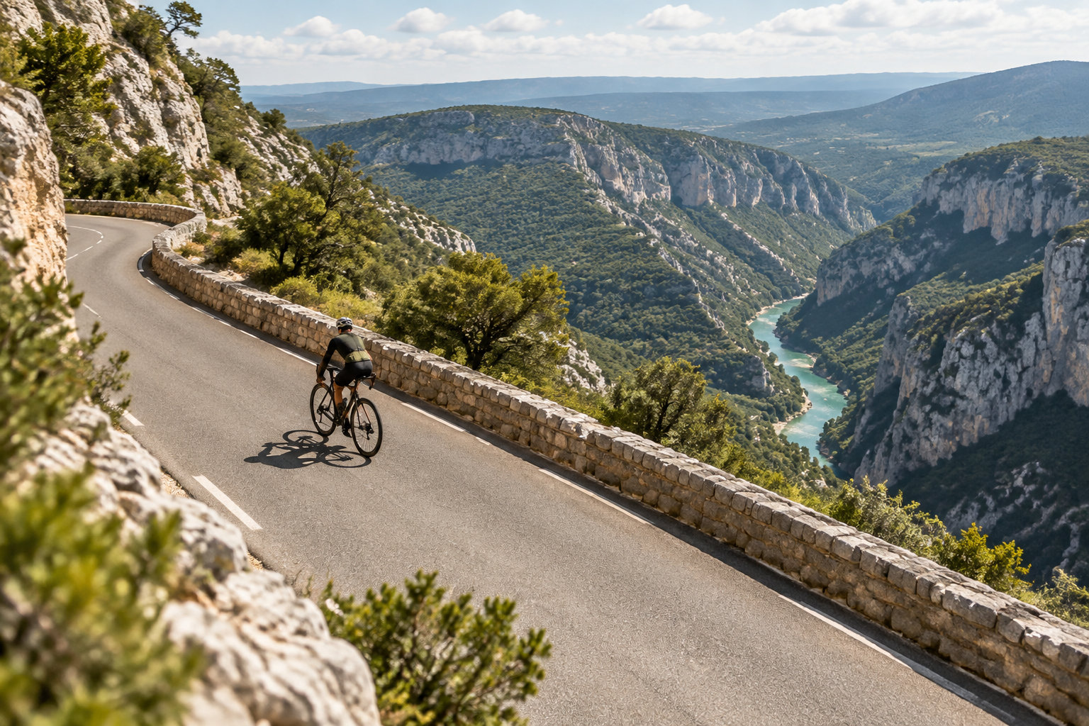 Un cycliste emprunte une route de montagne bordée d’un muret de pierre, au-dessus d’un canyon traversé par une rivière.