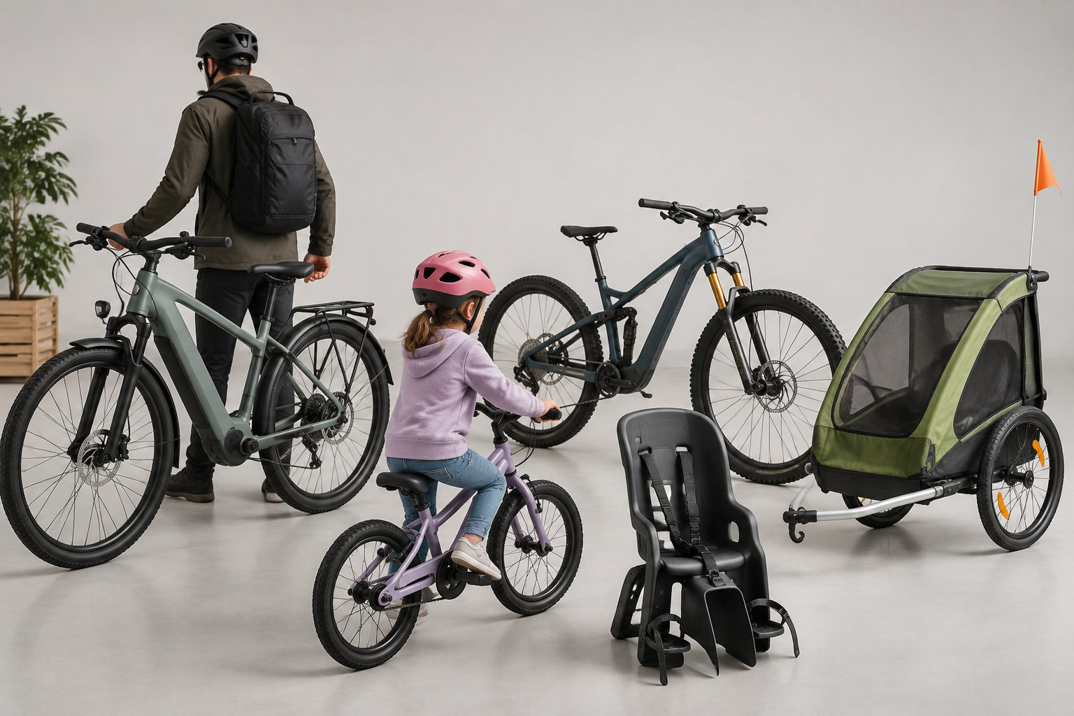 Un homme et une enfant portant des casques se tiennent près de vélos, avec une remorque verte et un siège enfant dans une pièce claire.