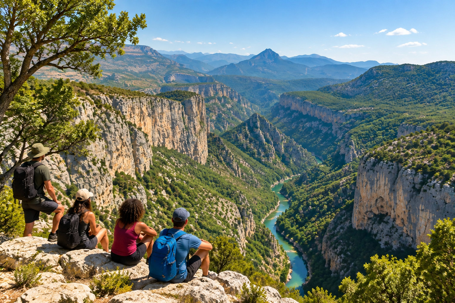 Quatre randonneurs assis sur un promontoire rocheux contemplent une rivière sinueuse au fond d’un vaste canyon boisé, avec des montagnes à l’horizon.