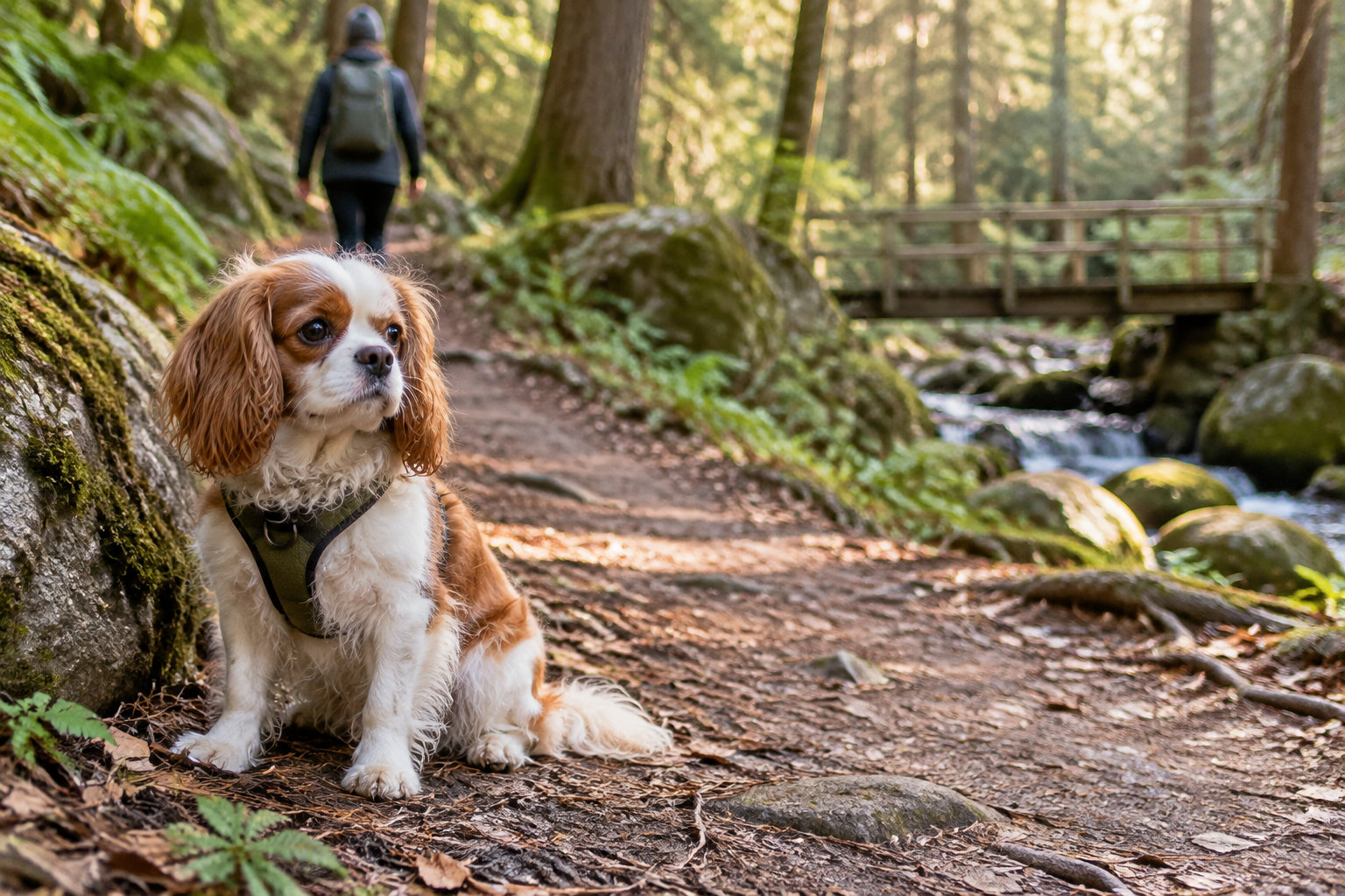 Un chien assis sur un sentier forestier porte un harnais, tandis qu’une personne marche au loin près d’un petit pont au-dessus d’un ruisseau.