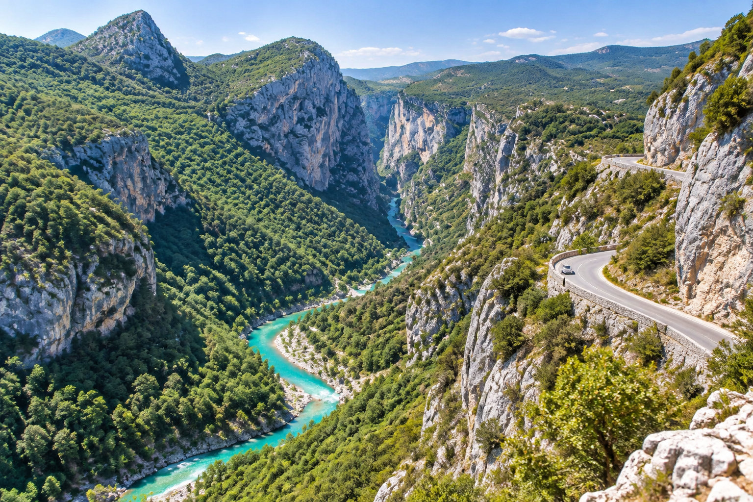 Une route sinueuse longe des falaises boisées au-dessus d’une rivière turquoise dans un paysage montagneux.