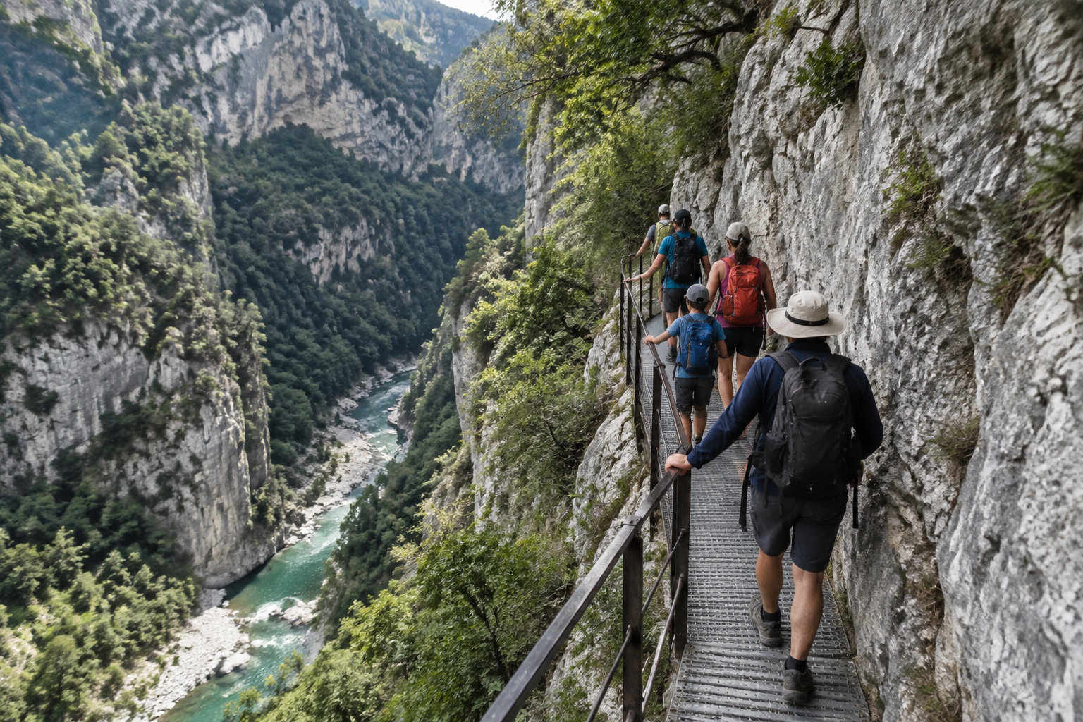 Plusieurs randonneurs avancent sur une passerelle métallique accrochée à la paroi d’un canyon boisé, au-dessus d’une rivière.