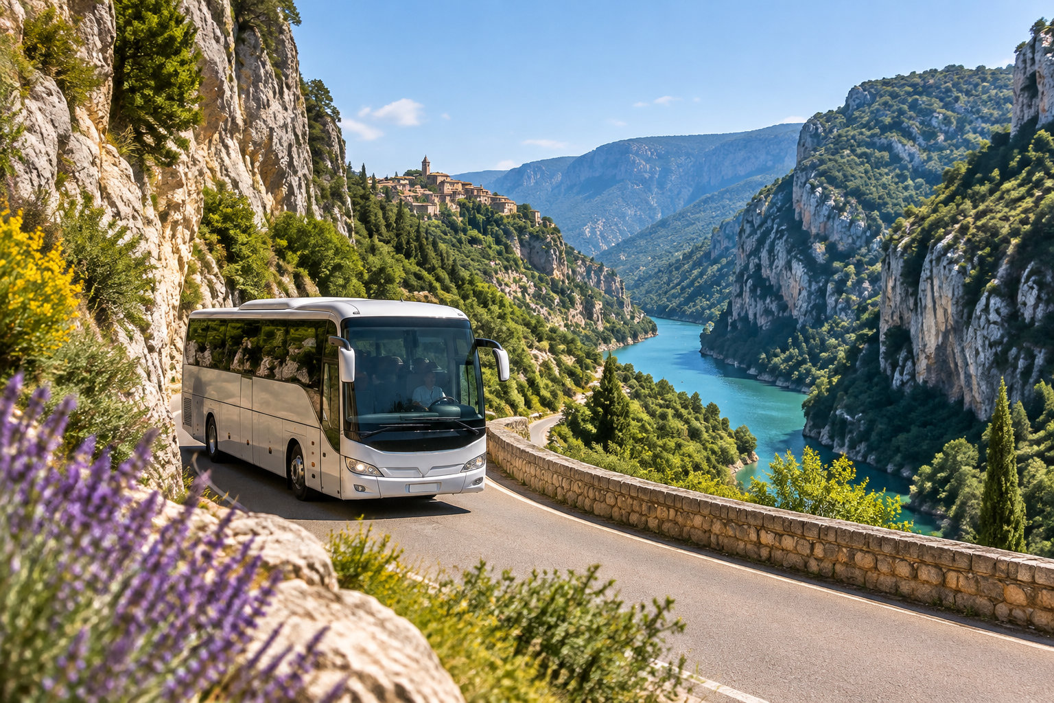 Un autocar blanc circule sur une route sinueuse bordée de falaises, surplombant une rivière turquoise et un village perché.