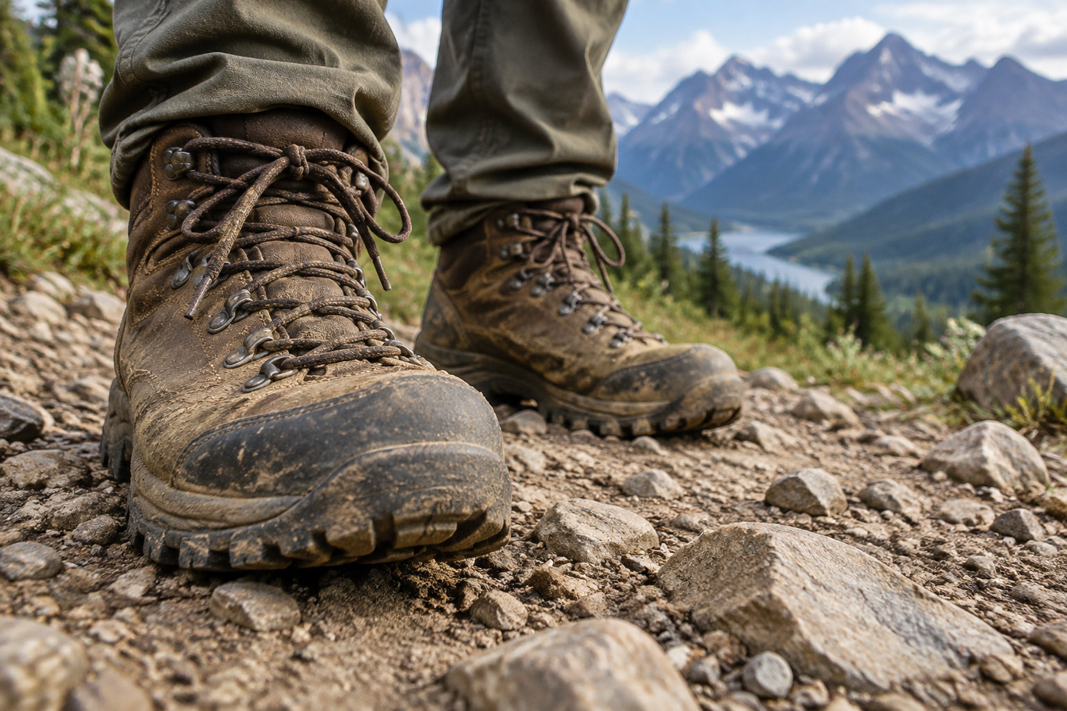 Des chaussures de randonnée boueuses foulent un sentier rocailleux, avec un lac et des montagnes en arrière-plan.