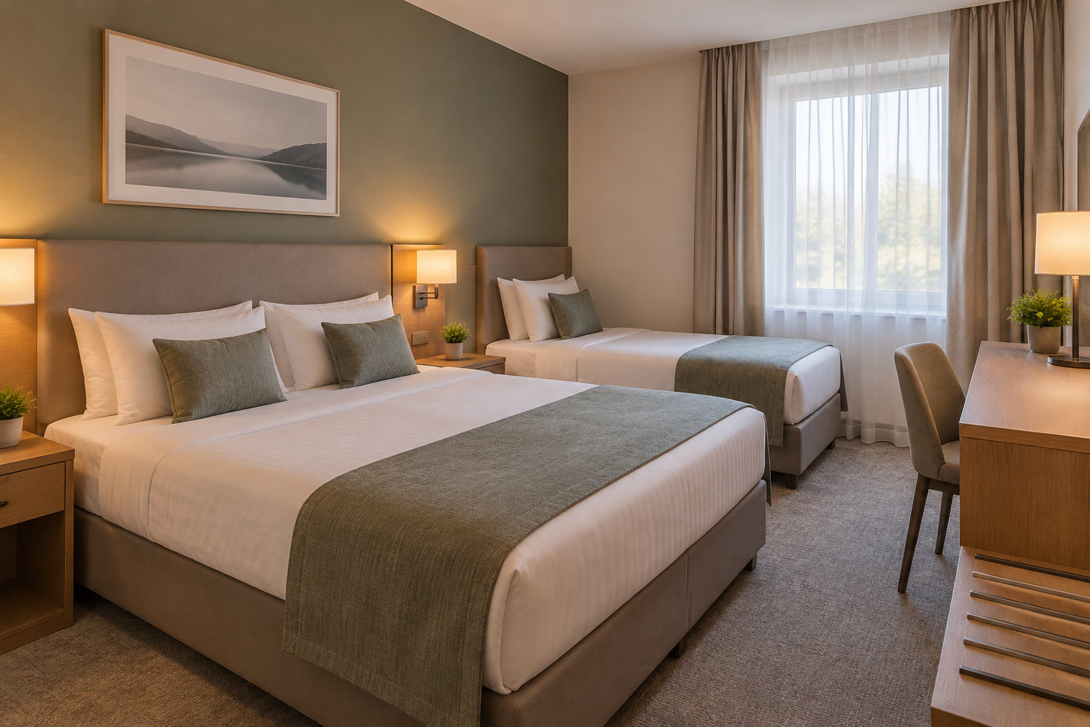 Une chambre d’hôtel avec deux lits, une fenêtre à rideaux, des tables de chevet et un bureau.