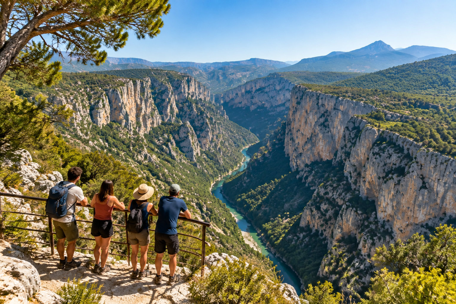 Quatre randonneurs observent une rivière turquoise qui serpente au fond d’un profond canyon bordé de falaises et de montagnes.