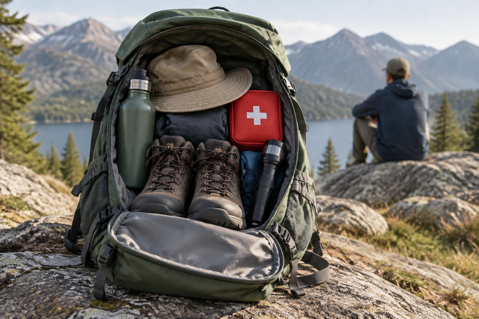 Un sac à dos ouvert contenant des chaussures de randonnée, une gourde, un chapeau, une lampe torche et une trousse de premiers secours repose sur un rocher, tandis qu’un randonneur assis contemple un lac entouré de montagnes.