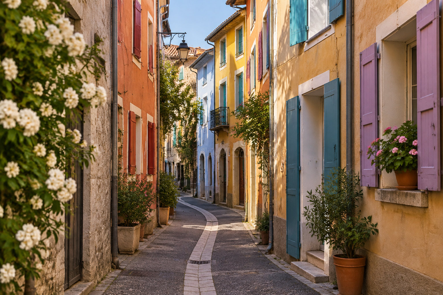 Une ruelle pavée bordée de maisons colorées aux volets ouverts, de plantes en pots et de fleurs blanches.