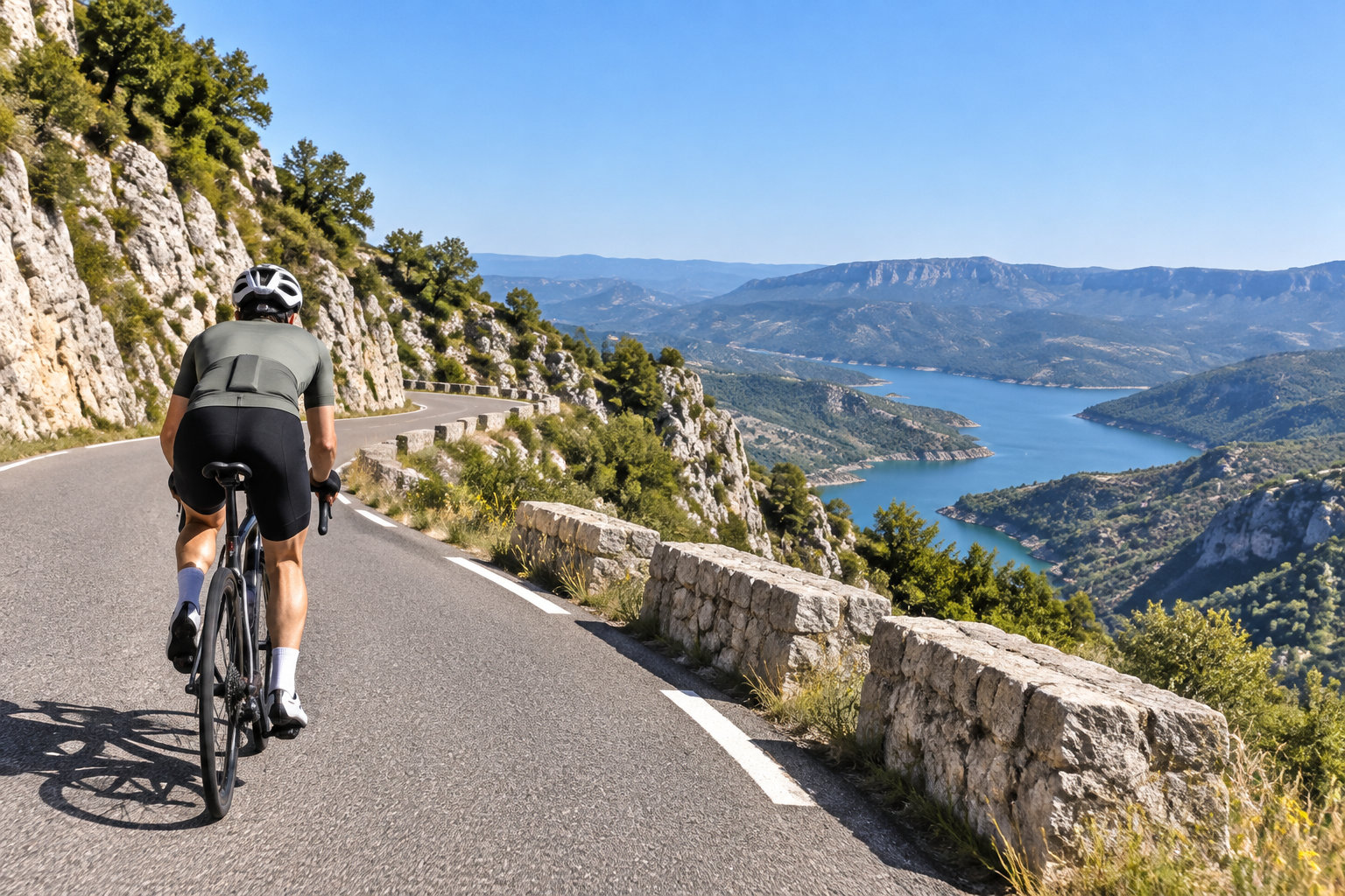 Un cycliste roule sur une route de montagne bordée de rochers, avec un lac et des reliefs en arrière-plan.