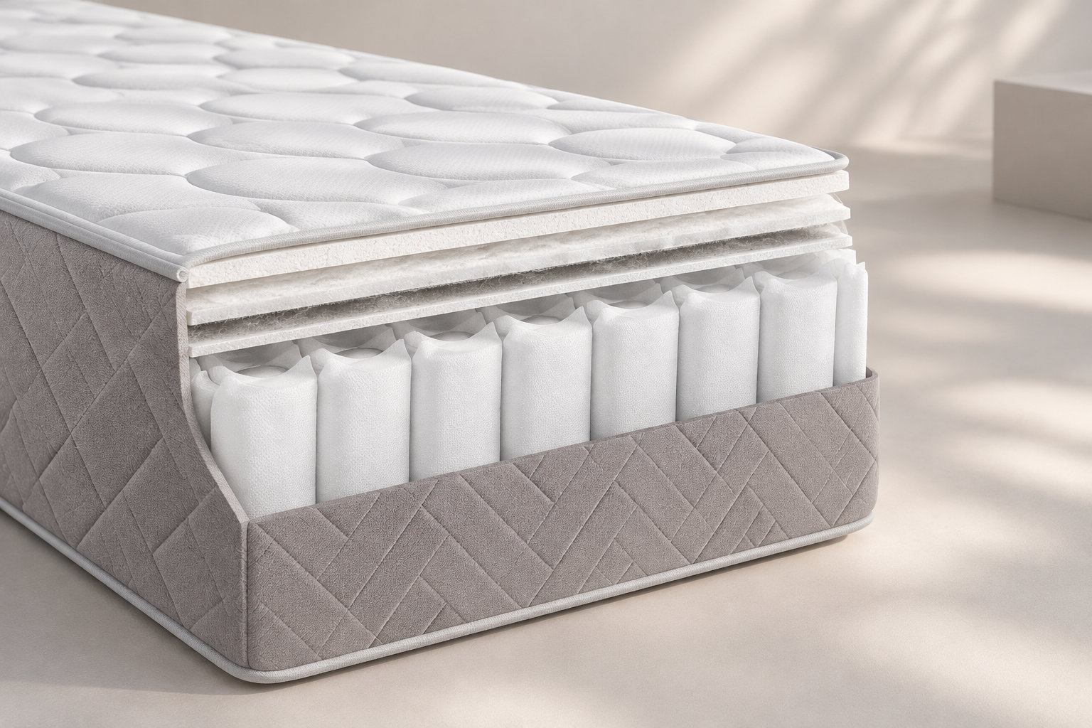 Un matelas gris et blanc est présenté en coupe, laissant voir ses différentes couches et ses ressorts ensachés.