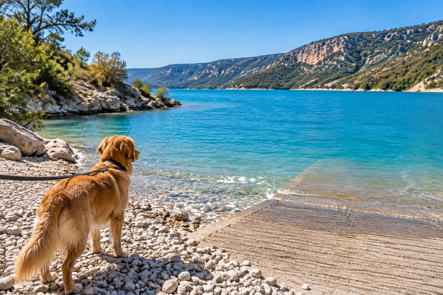 Un chien tenu en laisse se tient sur une rive rocheuse face à un lac turquoise, avec des collines boisées en arrière-plan.