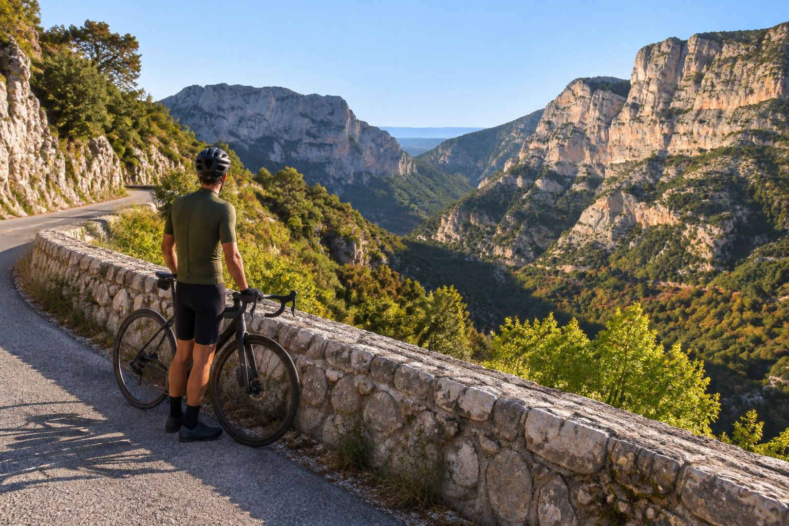 Un cycliste en tenue et casque se tient à côté de son vélo sur une route de montagne, face à une vallée encaissée bordée de falaises.