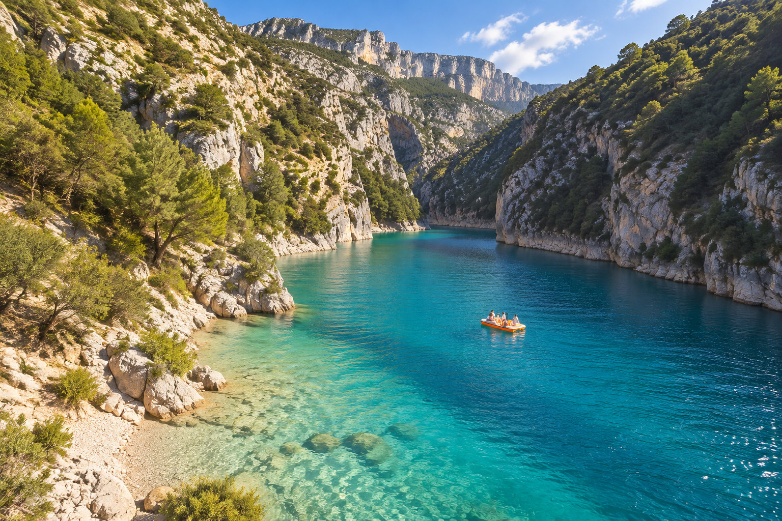 Un petit bateau transportant plusieurs personnes navigue sur une eau turquoise entre des falaises rocheuses couvertes de pins, sous un ciel bleu.