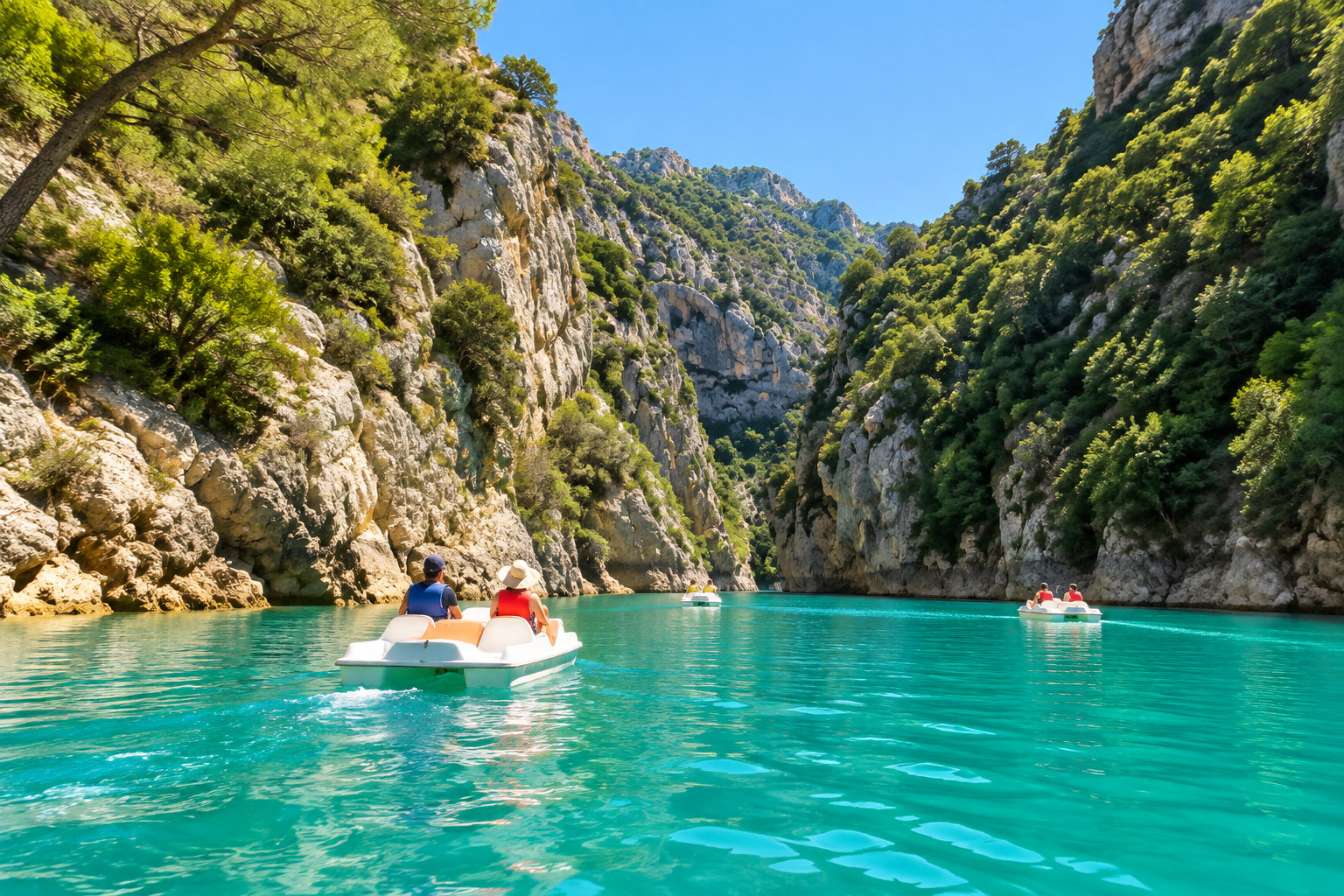 Plusieurs personnes naviguent en pédalo sur une eau turquoise entre de hautes falaises rocheuses couvertes de végétation.