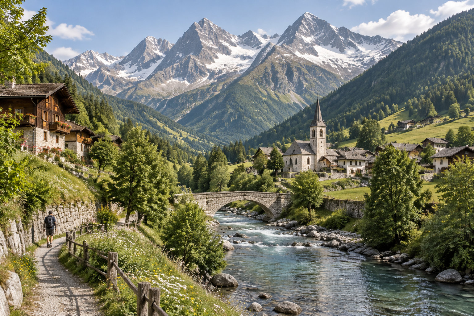 Un randonneur marche sur un sentier au bord d’une rivière, près d’un village alpin dominé par des montagnes enneigées.