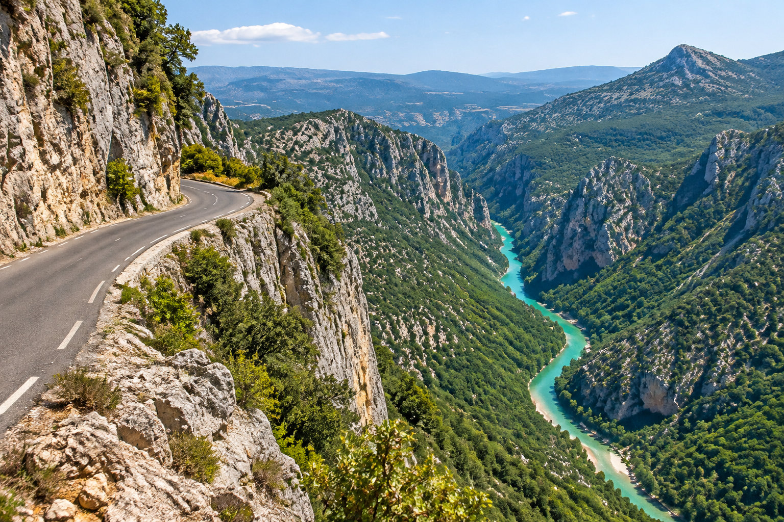Une route sinueuse longe une falaise au-dessus d’une rivière turquoise encaissée entre des montagnes boisées.