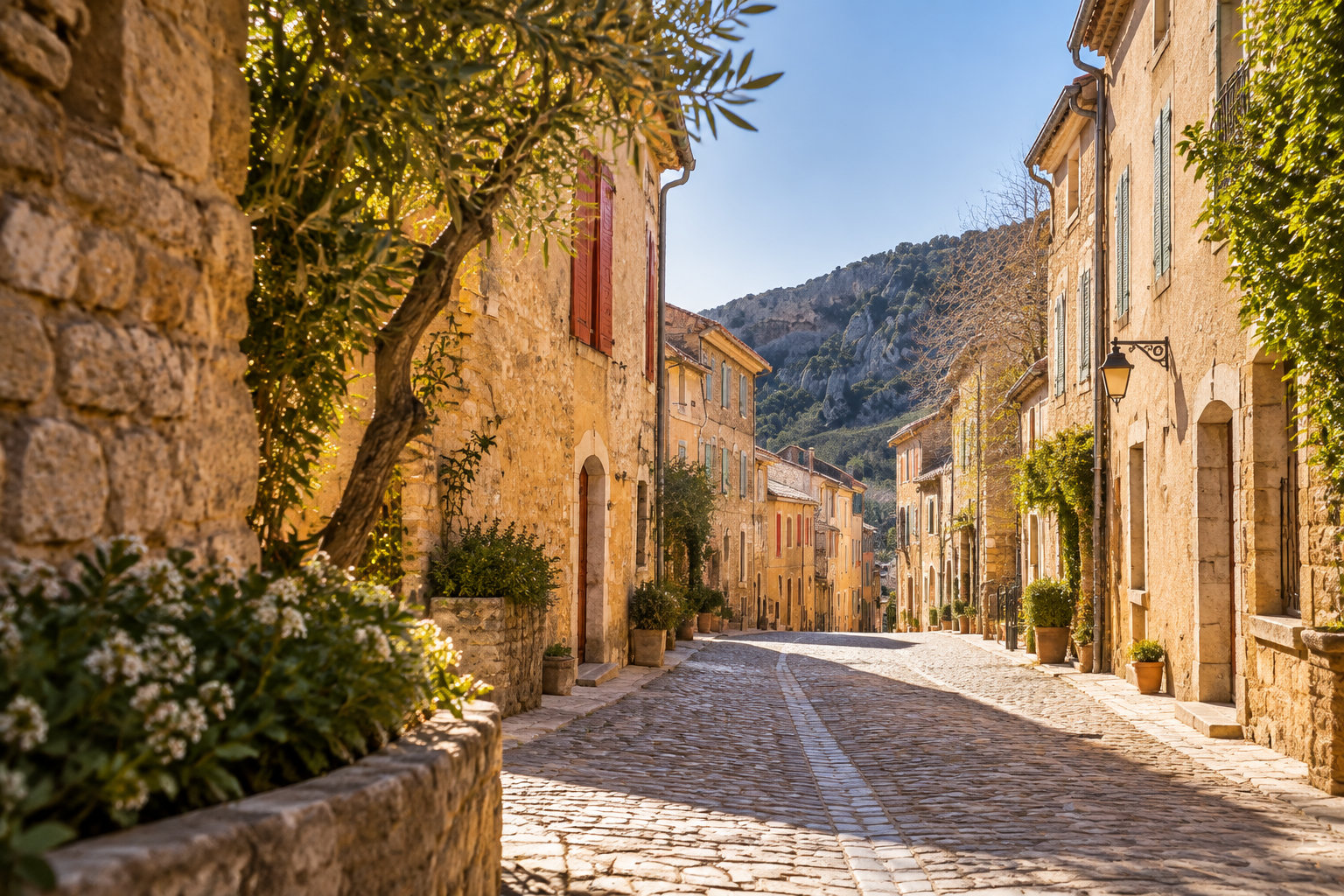 Une ruelle pavée bordée de maisons en pierre et de plantes, avec des montagnes en arrière-plan.