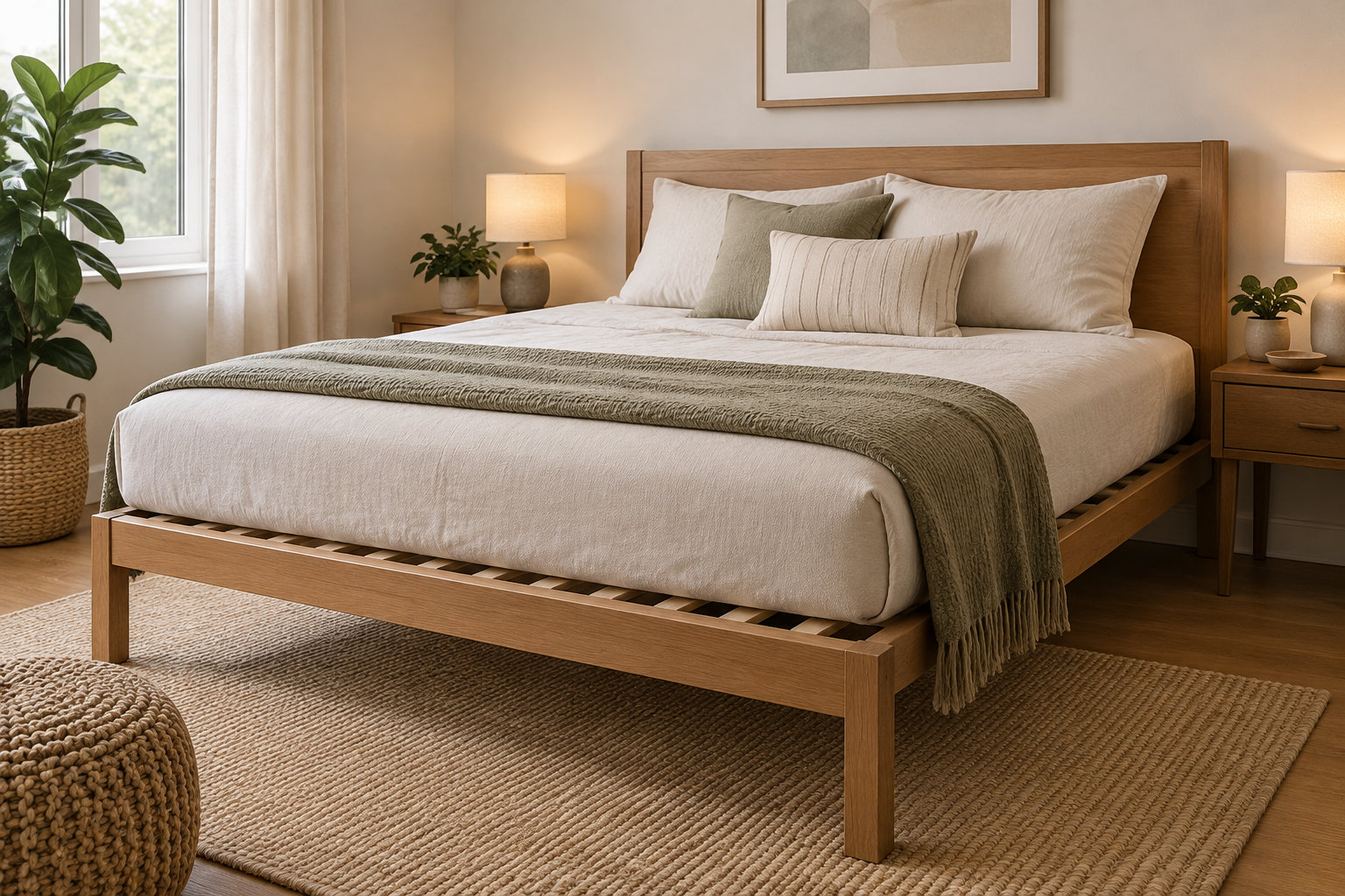 Une chambre lumineuse avec un lit en bois, des draps blancs, un plaid vert, des tables de chevet, des lampes, des plantes et un grand tapis tressé.