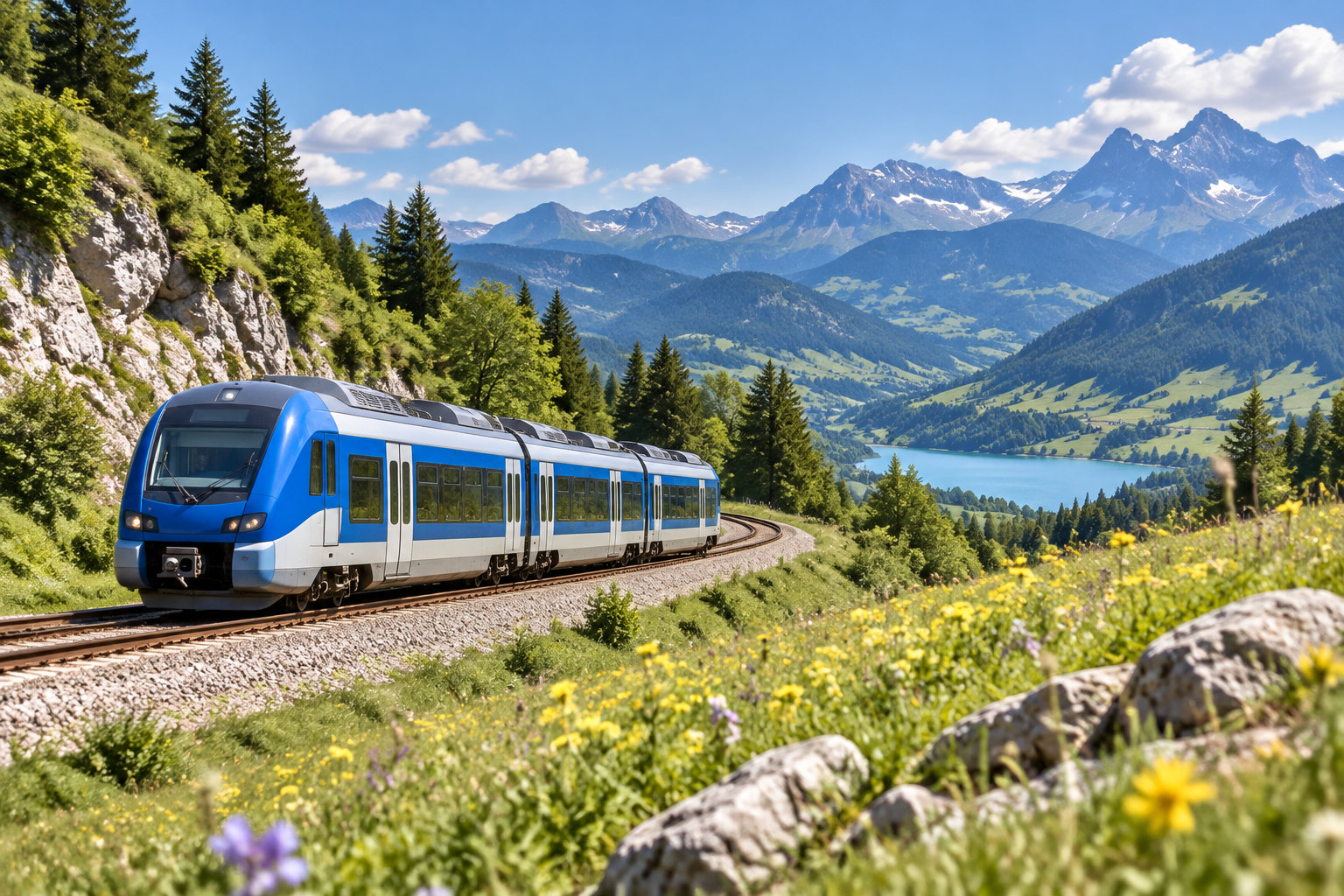 Un train bleu et blanc suit une voie ferrée sinueuse au milieu d’un paysage de montagne, entre forêts, prairies fleuries et lac.