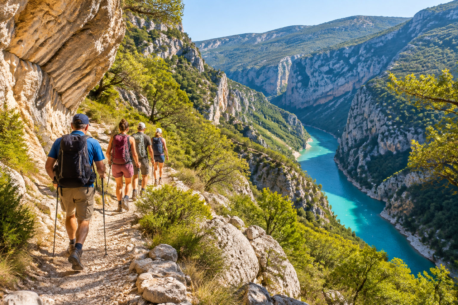 Quatre randonneurs avancent sur un sentier rocheux surplombant une rivière turquoise encaissée entre des falaises boisées.