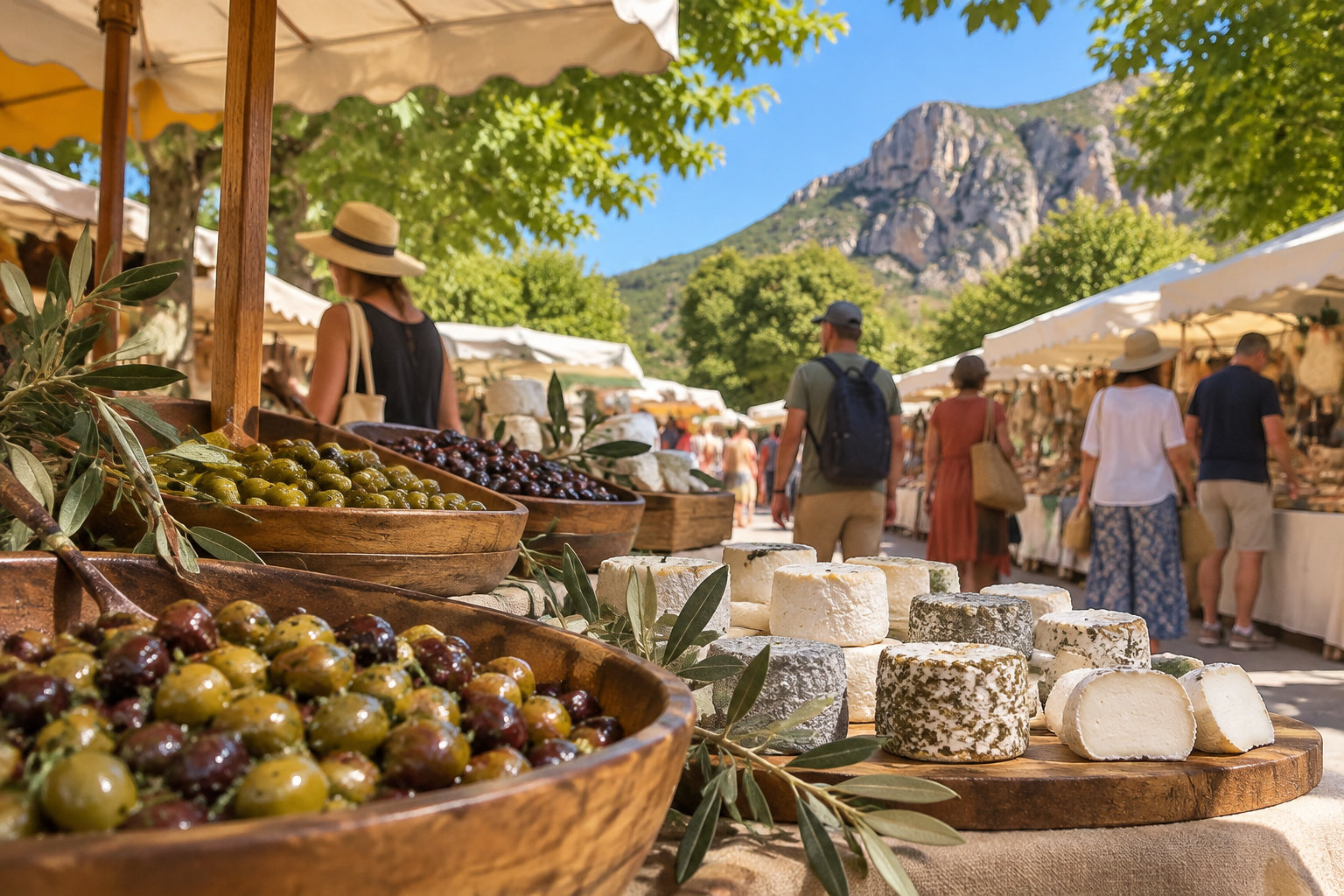 Des visiteurs se promènent entre des étals d’olives et de fromages sur un marché en plein air, au pied d’une montagne.