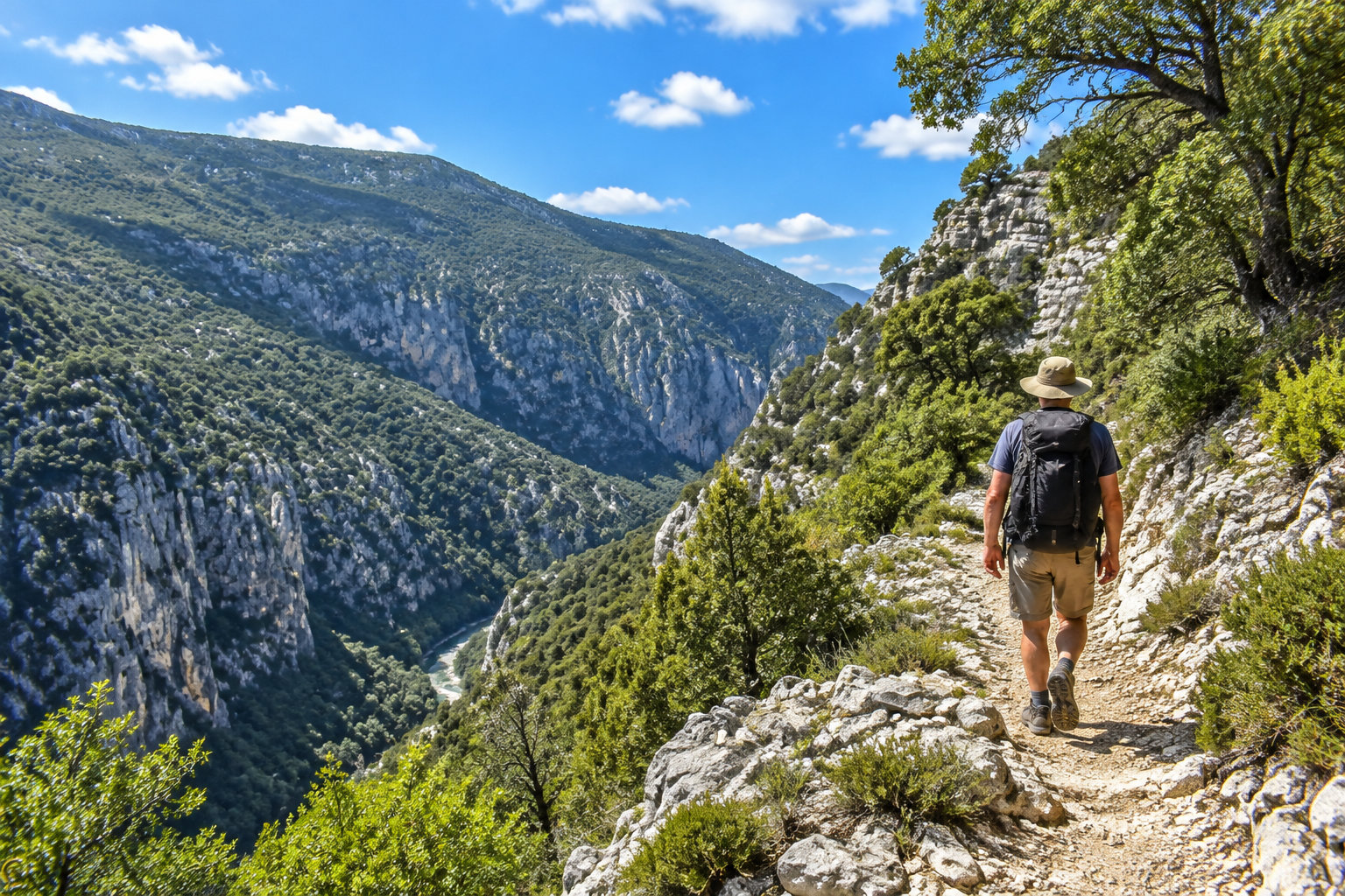 Un randonneur portant un chapeau et un sac à dos marche sur un sentier rocheux surplombant une gorge verdoyante.
