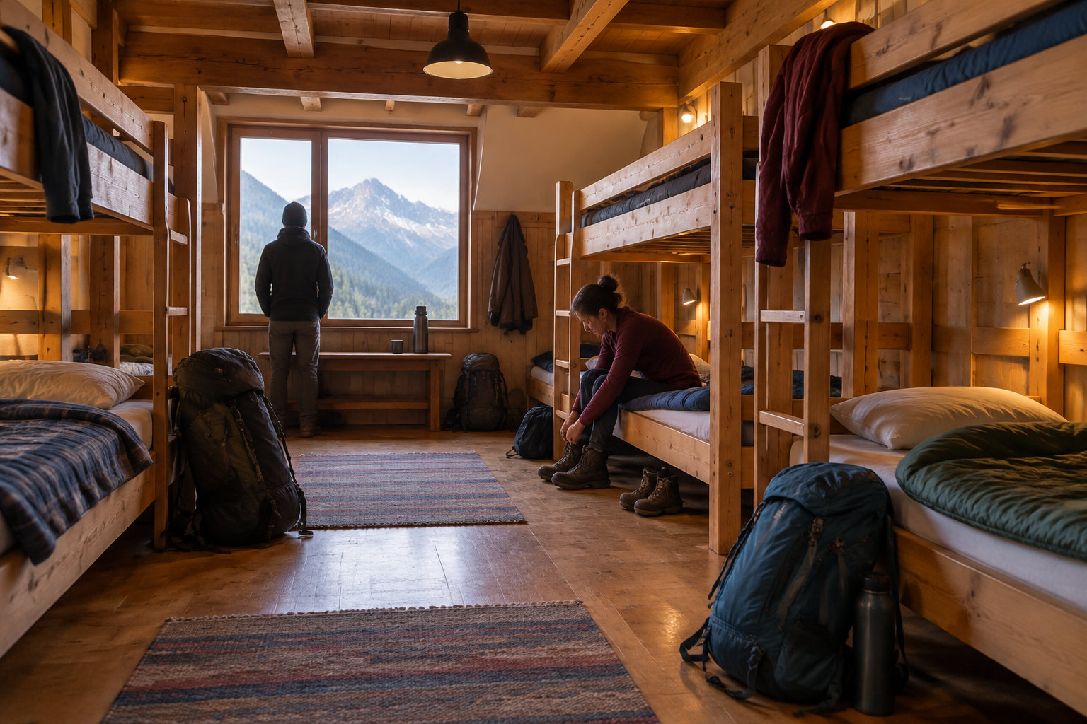Deux randonneurs se préparent dans un dortoir en bois équipé de lits superposés, tandis que l’un regarde les montagnes par la fenêtre.