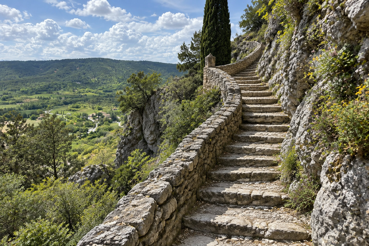 Un escalier de pierre bordé de murets grimpe le long d’une pente rocheuse, au-dessus d’une vallée verdoyante.