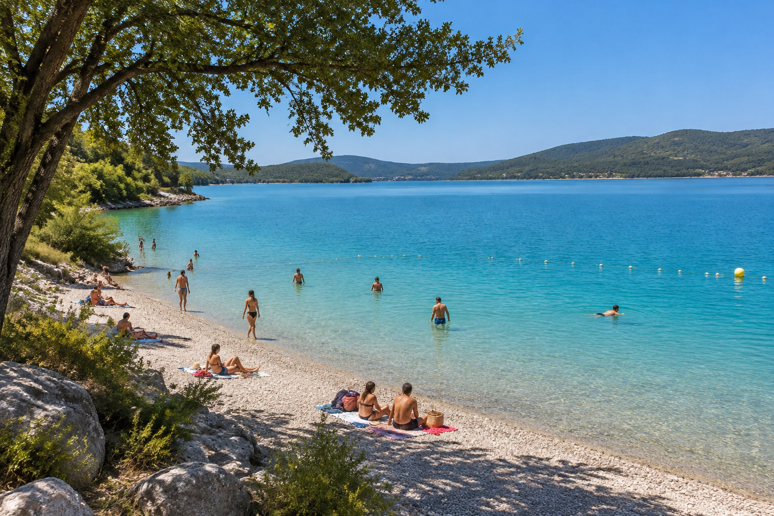 Des baigneurs profitent d’une plage de galets au bord d’un lac turquoise, sous un ciel dégagé et face à des collines boisées.