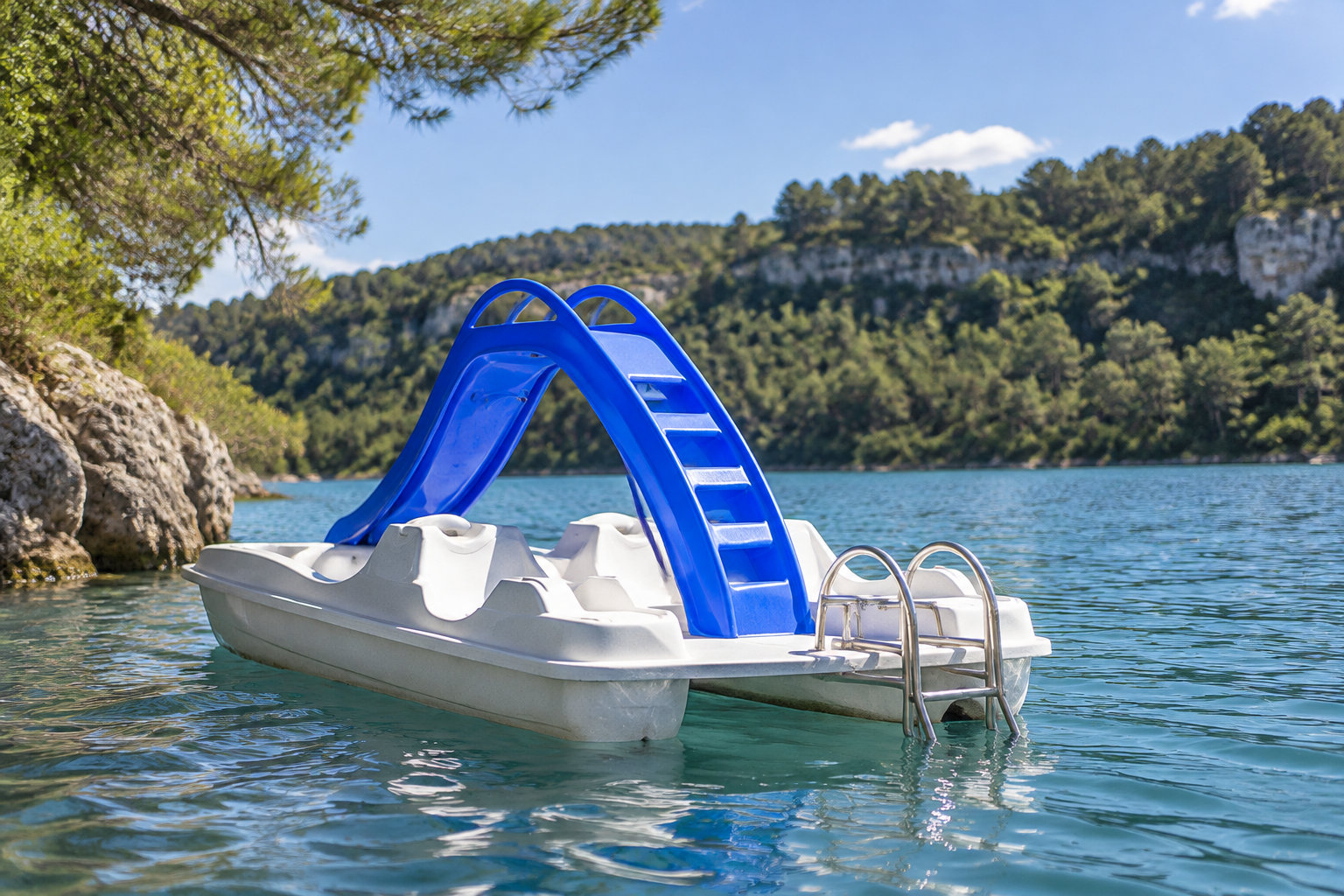 Un pédalo blanc équipé d’un grand toboggan bleu flotte sur un lac, près d’une rive rocheuse bordée d’arbres.