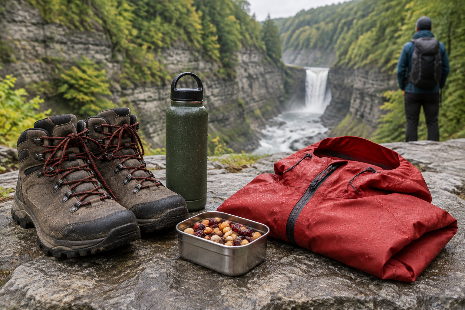 Des chaussures de randonnée, une gourde, une boîte de nourriture et une veste rouge sont posées sur un rocher devant une cascade, tandis qu’un randonneur se tient au loin.