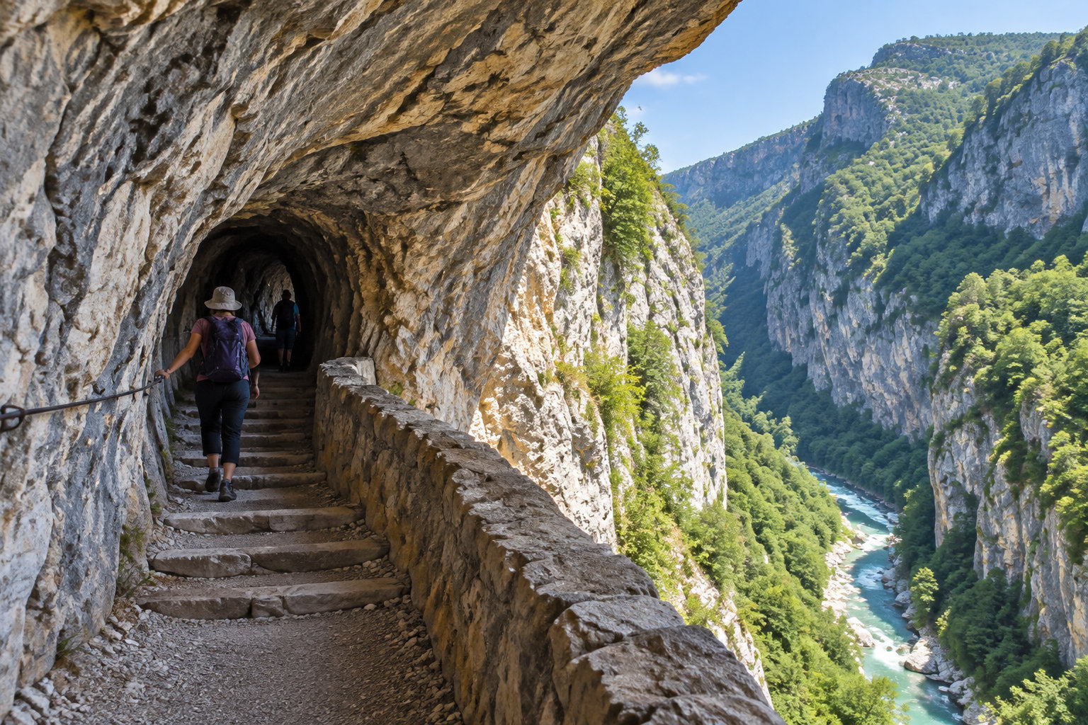 Deux randonneurs montent un escalier taillé dans la roche, sous une voûte, tandis qu’une rivière serpente au fond d’une gorge boisée.