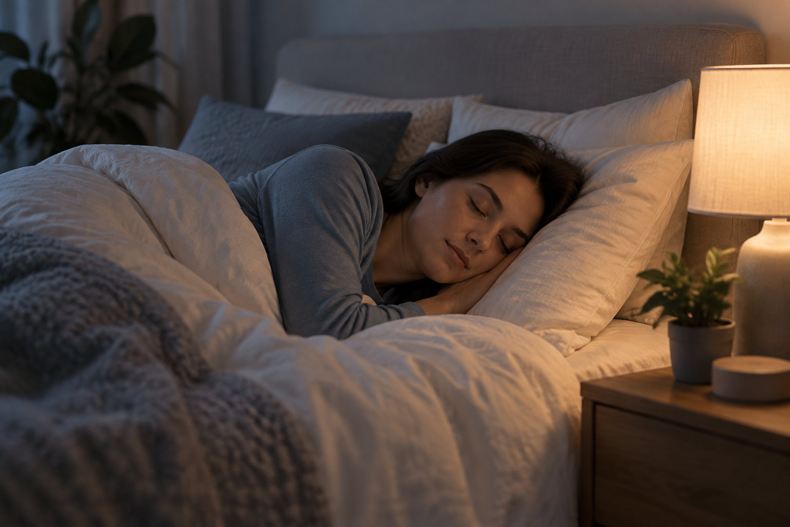 Une femme dort sur le côté dans un lit aux draps clairs, près d’une lampe allumée et d’une plante posée sur une table de chevet.
