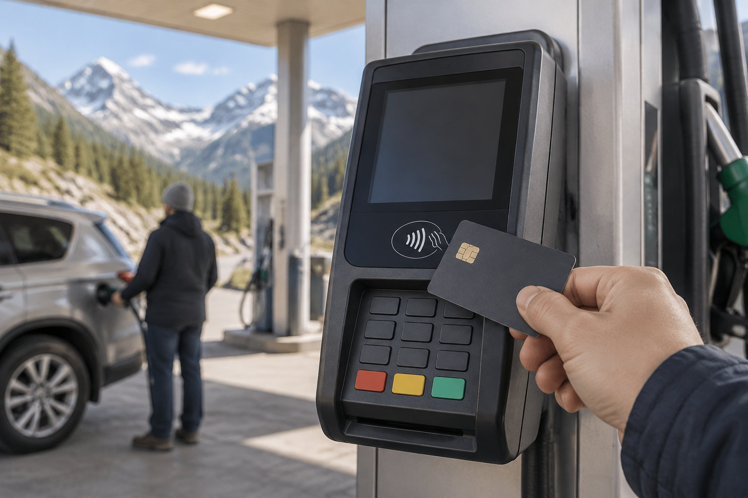Une main présente une carte bancaire devant le terminal de paiement d’une station-service, tandis qu’une personne se tient près d’une voiture, avec des montagnes en arrière-plan.
