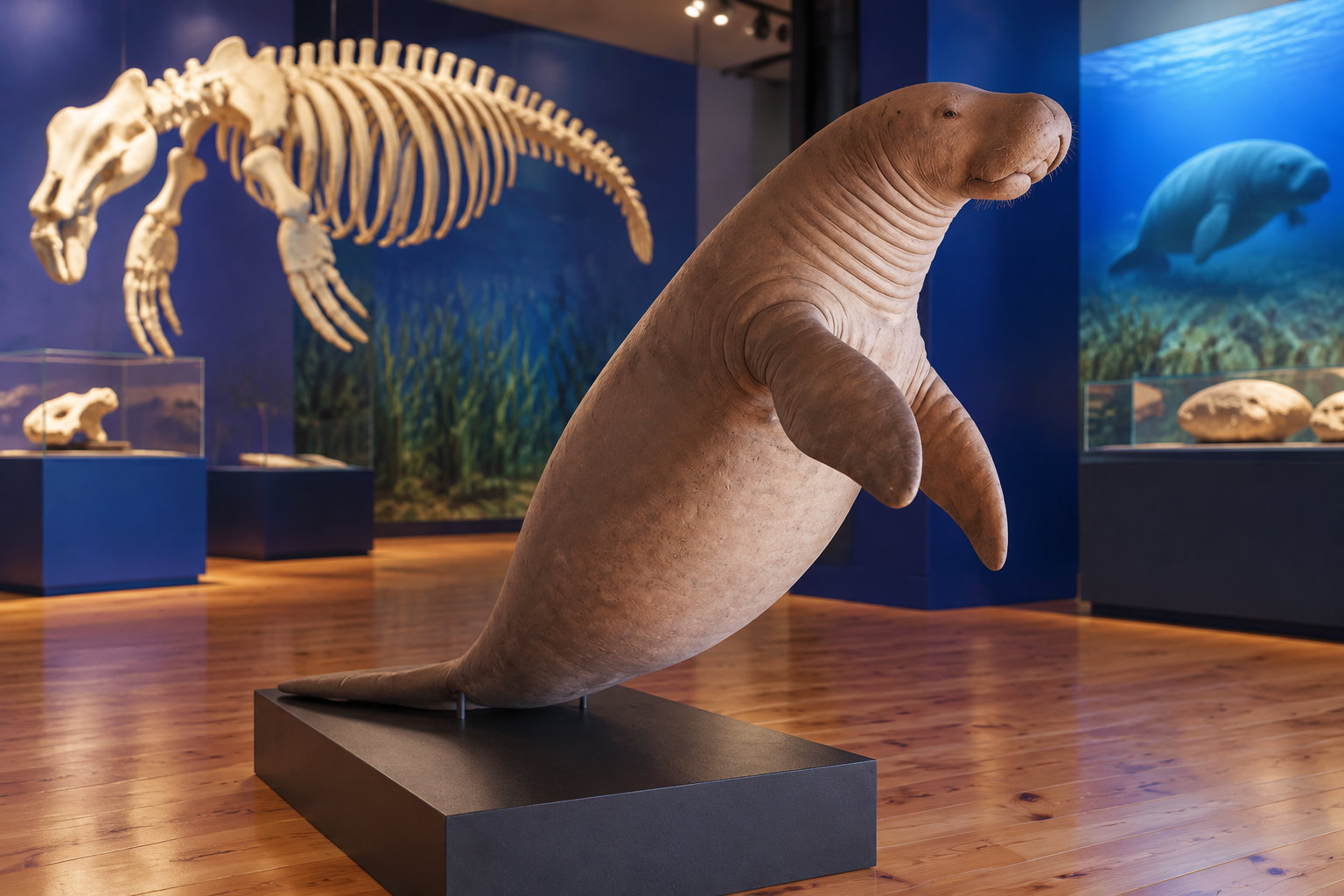 Une grande sculpture de lamantin est exposée sur un socle dans un musée, devant un squelette suspendu et des vitrines.