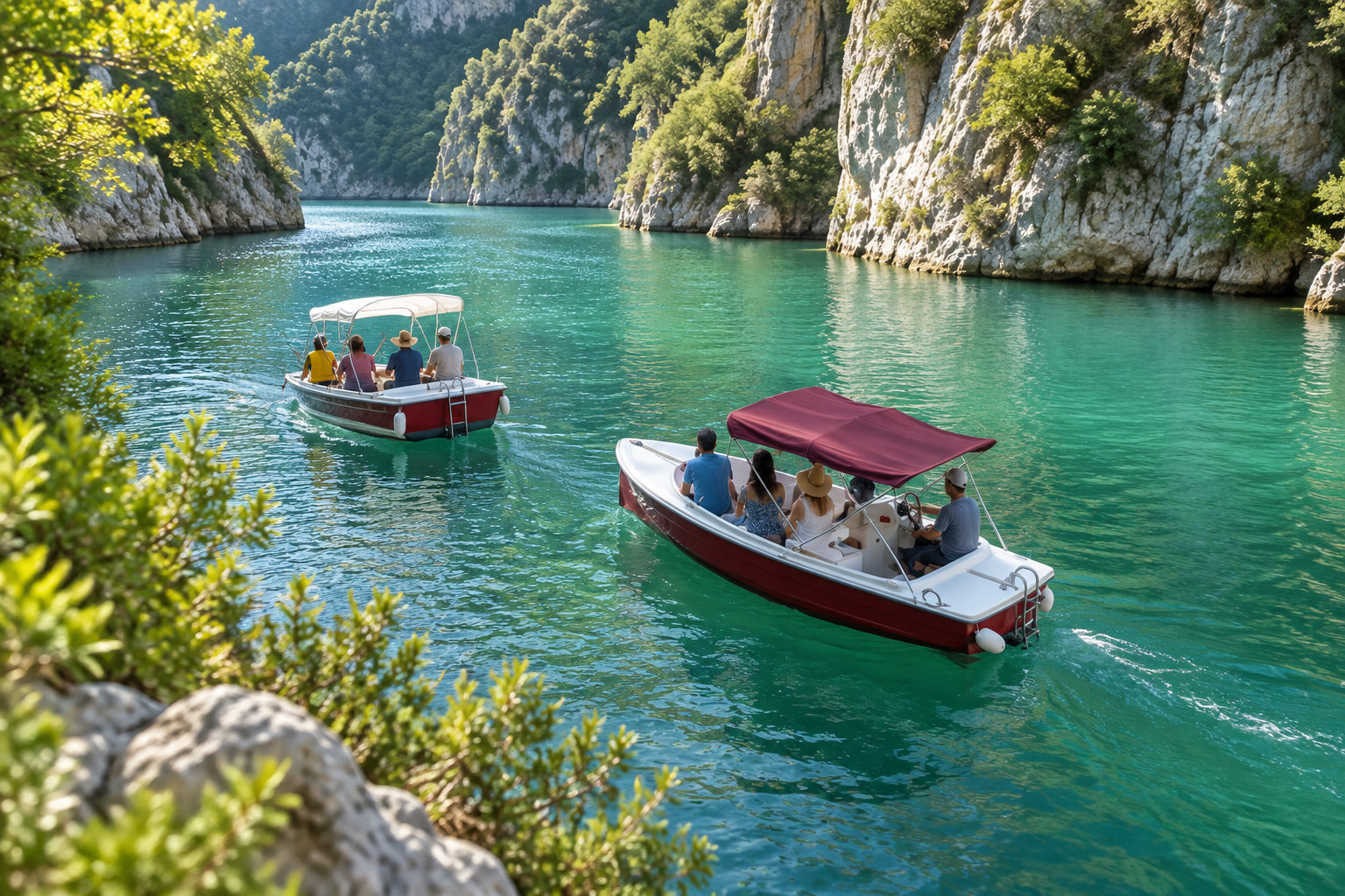 Deux bateaux transportant des passagers naviguent sur une eau turquoise entre des falaises rocheuses couvertes de végétation.