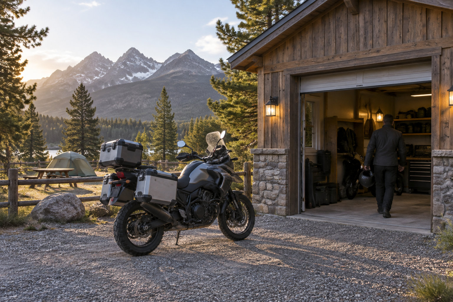 Un homme portant un casque entre dans un garage en bois, près d’une moto équipée de valises, dans un camping au pied de montagnes.