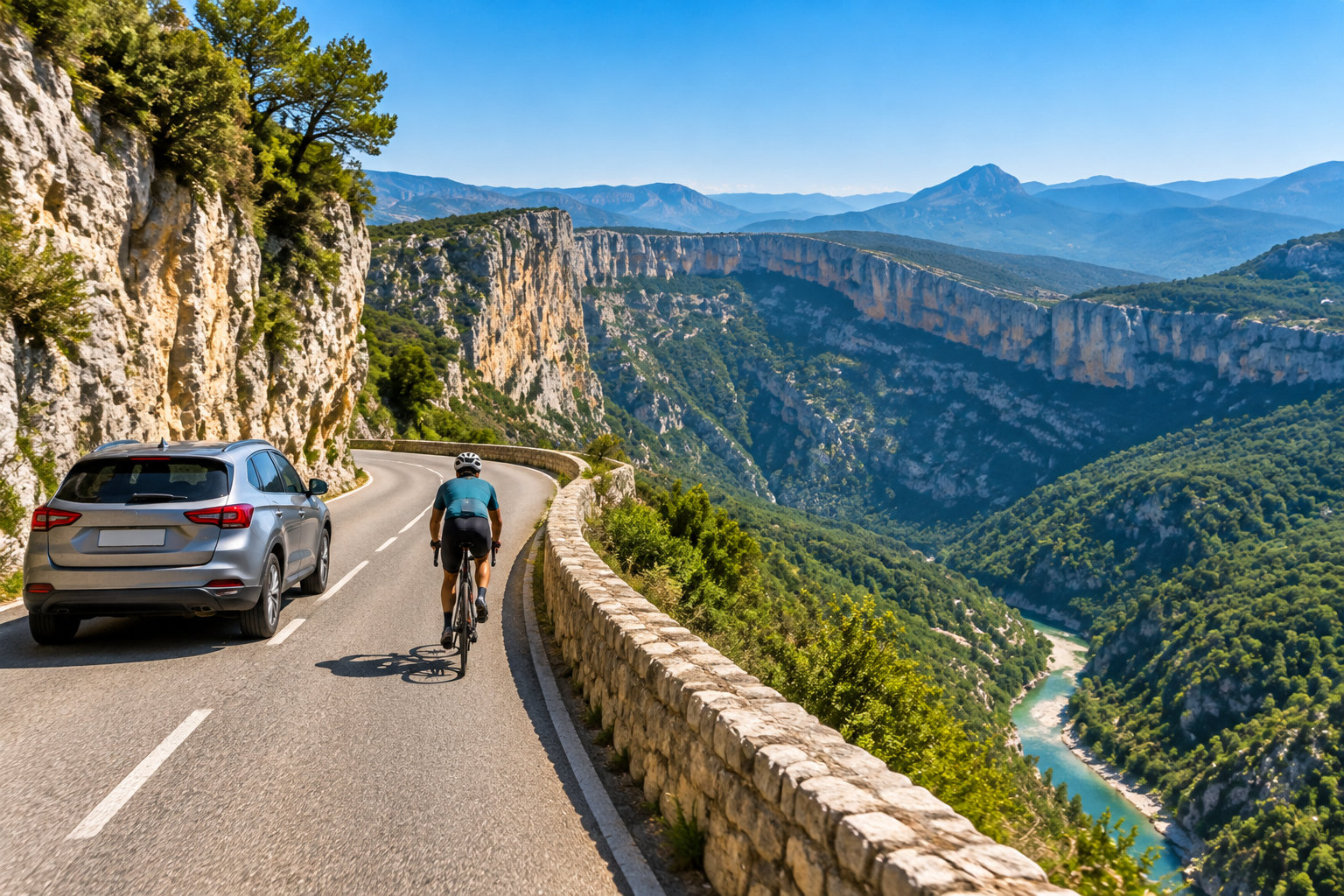 Un cycliste roule sur une route sinueuse bordée d’une voiture et d’un muret de pierre, au-dessus d’un canyon verdoyant traversé par une rivière.