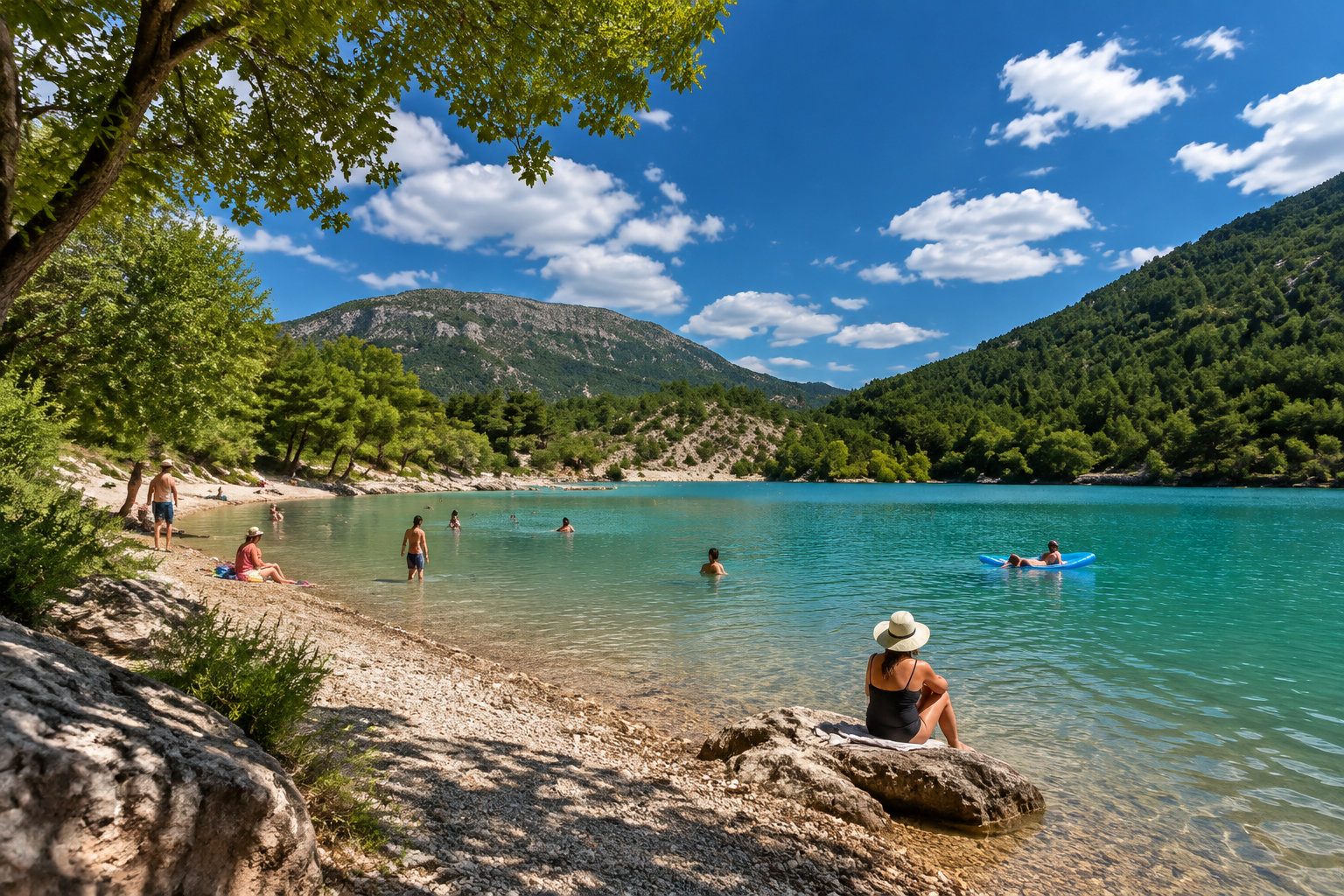 Plusieurs personnes se baignent et se reposent sur les rives rocheuses d’un lac turquoise entouré de montagnes boisées.