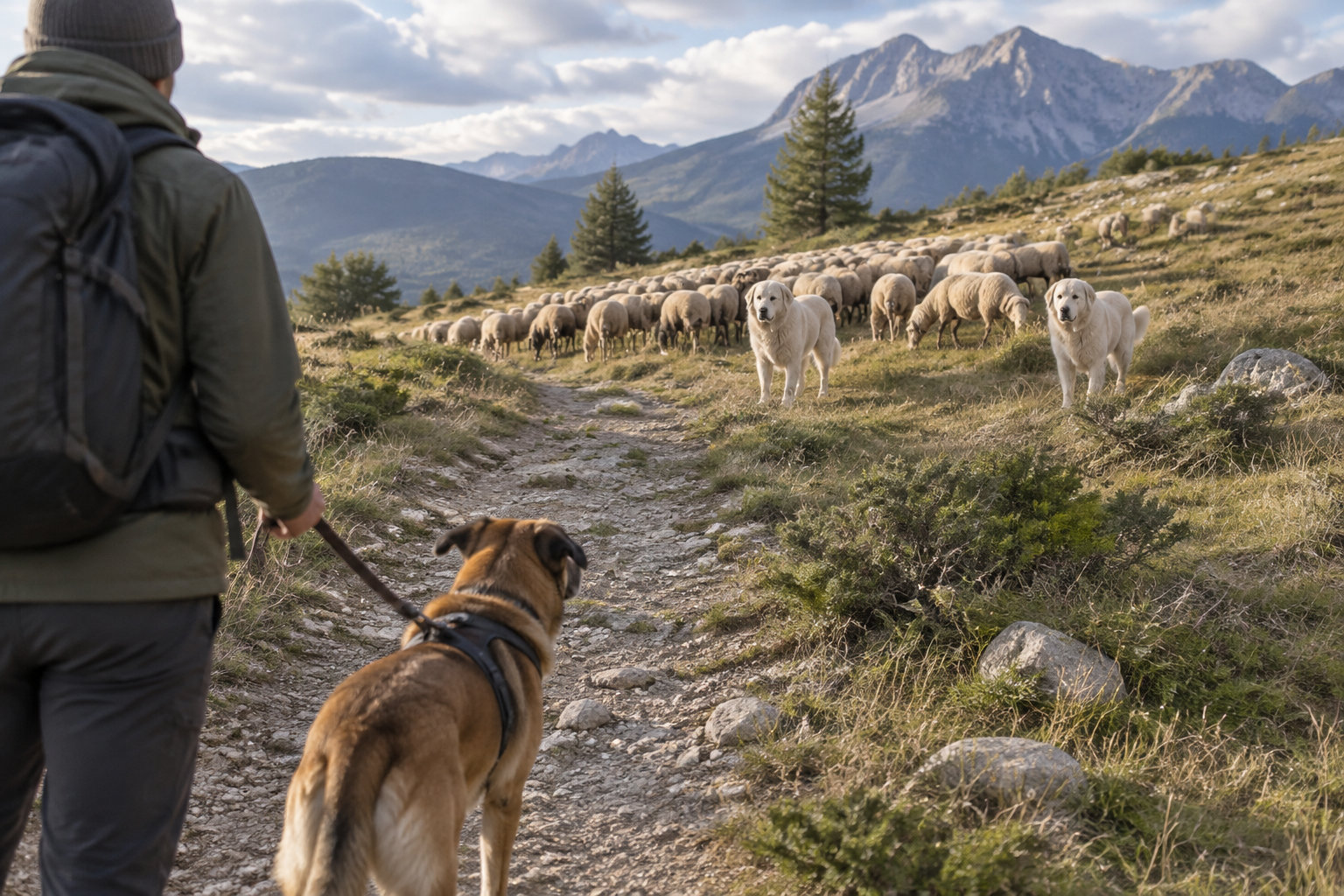Un randonneur tient en laisse un chien sur un sentier de montagne, face à un troupeau de moutons accompagné de deux grands chiens blancs.