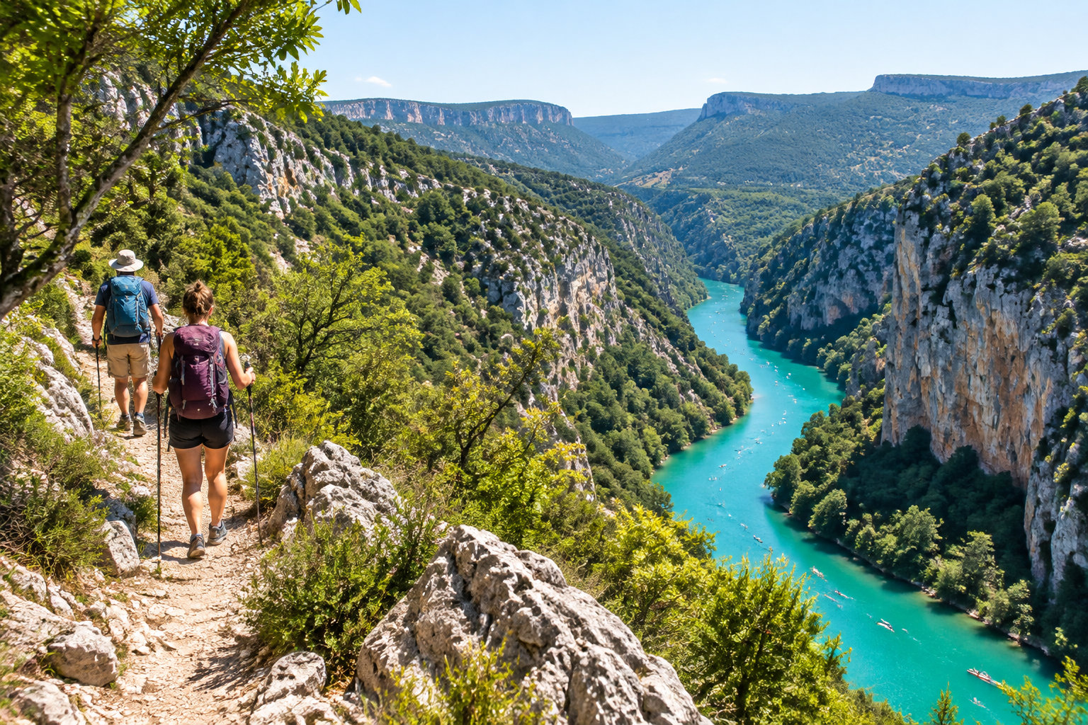 Deux randonneurs munis de bâtons avancent sur un sentier escarpé surplombant une rivière turquoise encaissée entre des falaises.